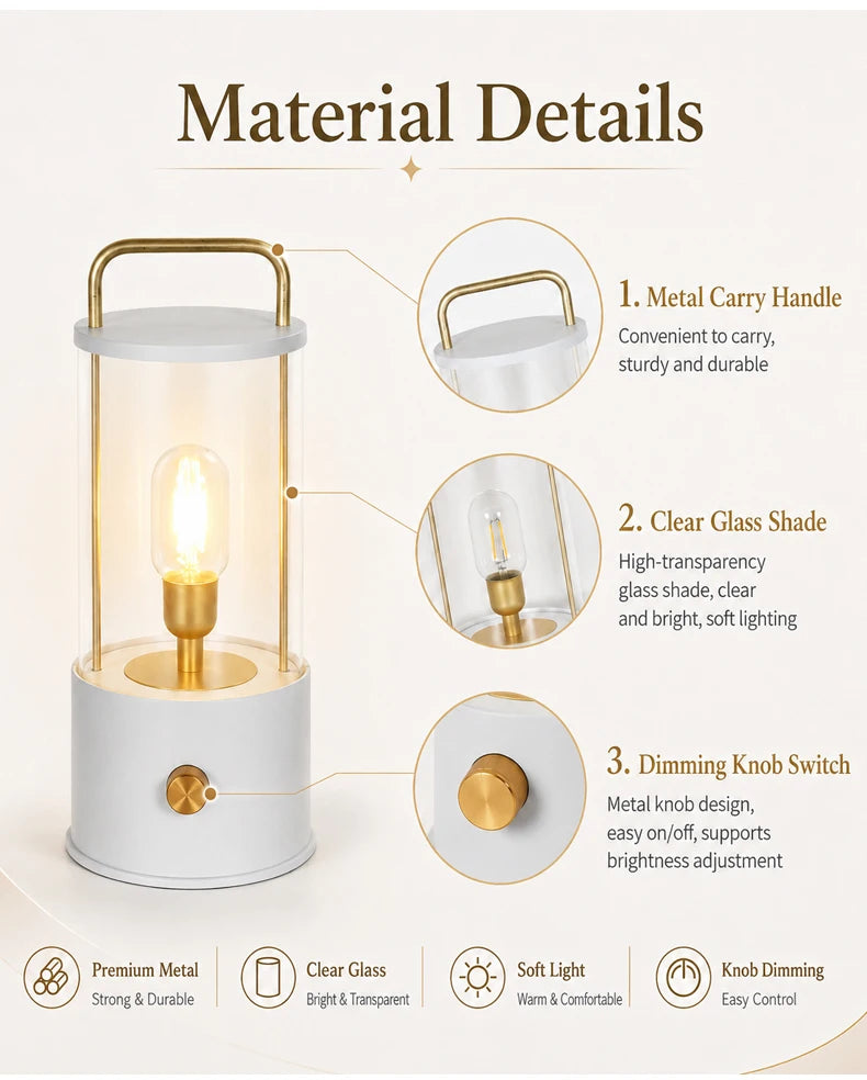 Portable Rechargeable Table Lamp with Carry Handle Stepless Dimming Reading Desk Light Bedroom Living Dining Hotel Patio Camping