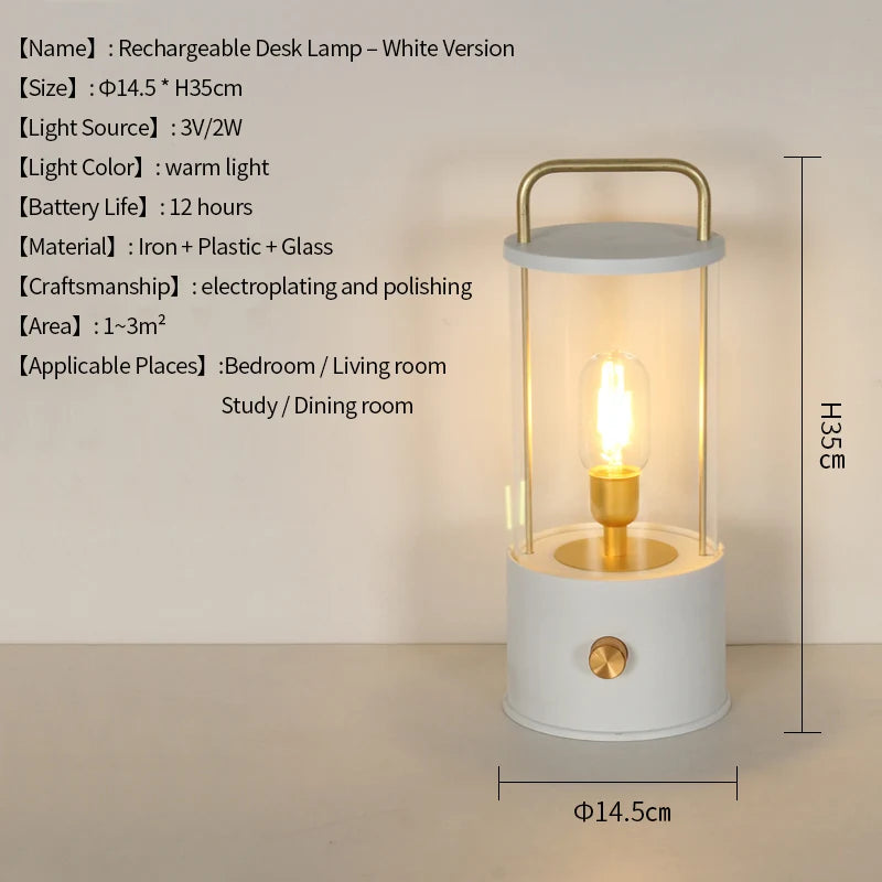 Portable Rechargeable Table Lamp with Carry Handle Stepless Dimming Reading Desk Light Bedroom Living Dining Hotel Patio Camping