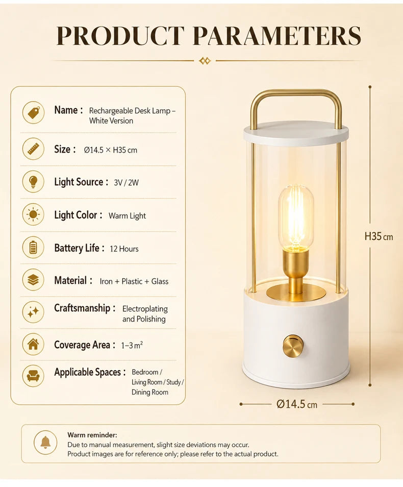 Portable Rechargeable Table Lamp with Carry Handle Stepless Dimming Reading Desk Light Bedroom Living Dining Hotel Patio Camping