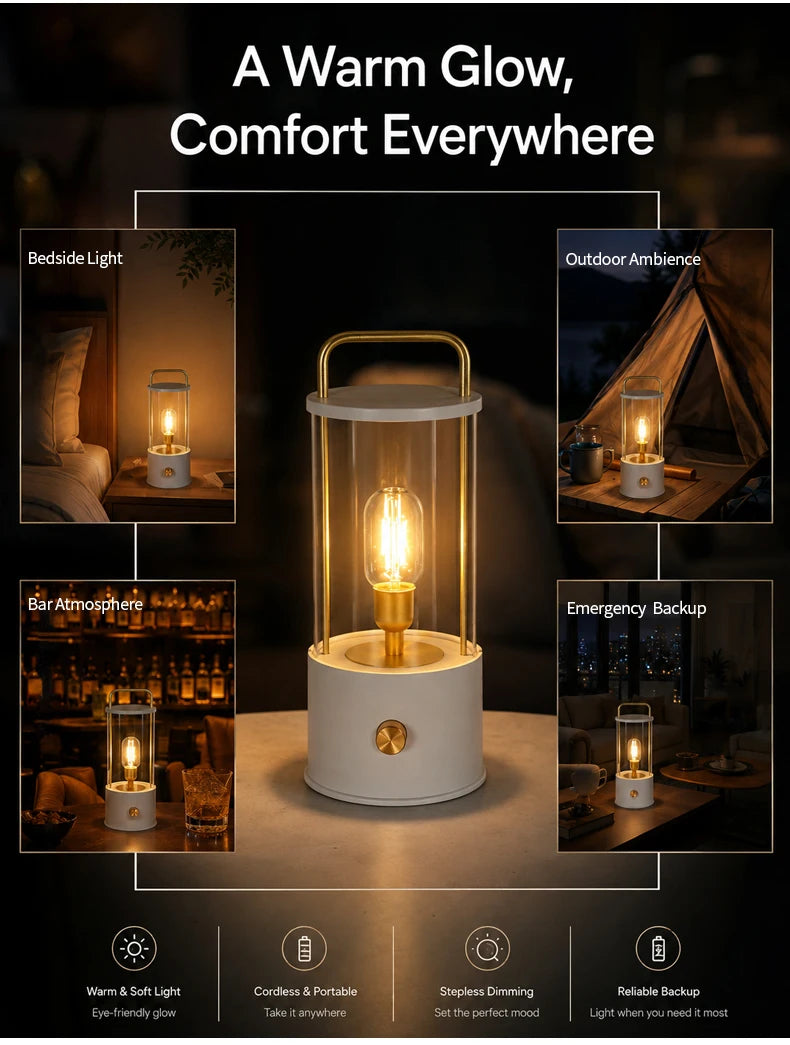 Portable Rechargeable Table Lamp with Carry Handle Stepless Dimming Reading Desk Light Bedroom Living Dining Hotel Patio Camping