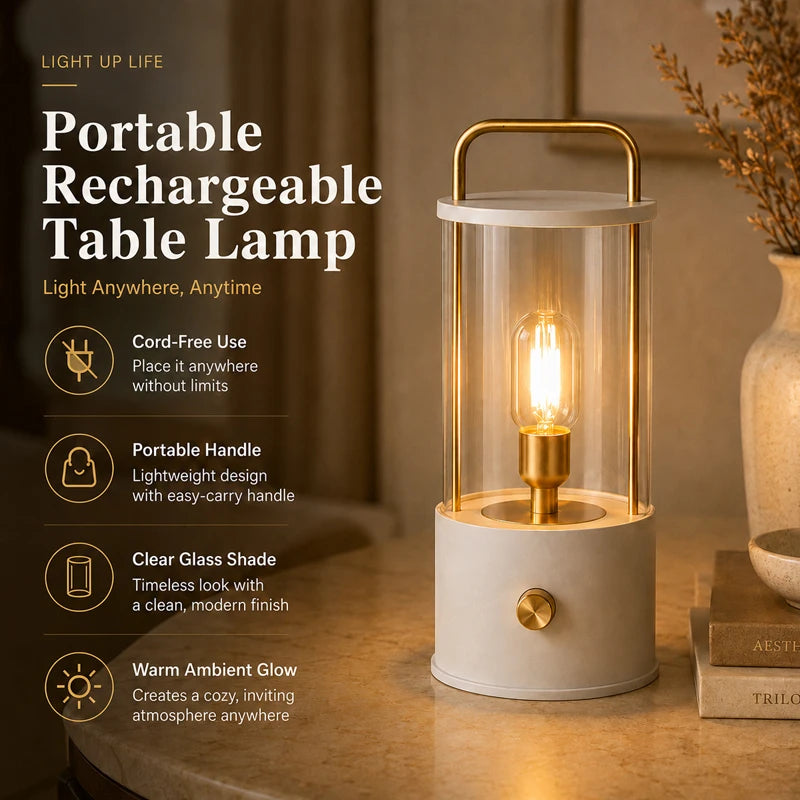 Portable Rechargeable Table Lamp with Carry Handle Stepless Dimming Reading Desk Light Bedroom Living Dining Hotel Patio Camping