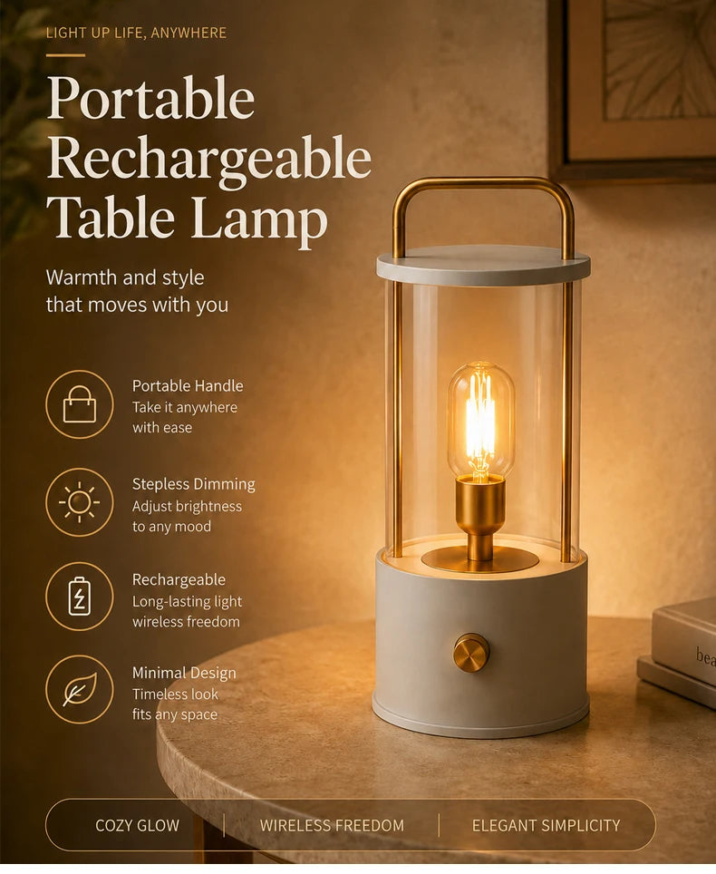 Portable Rechargeable Table Lamp with Carry Handle Stepless Dimming Reading Desk Light Bedroom Living Dining Hotel Patio Camping