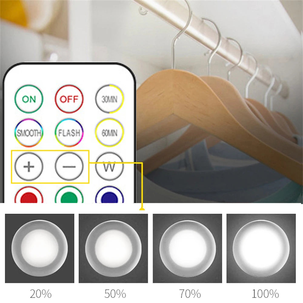 RGB LED Under Cabinet Lights with Remote Control Battery Powered Wireless Dimmable Night Lamp LED Lights for Home Wardrobe Light