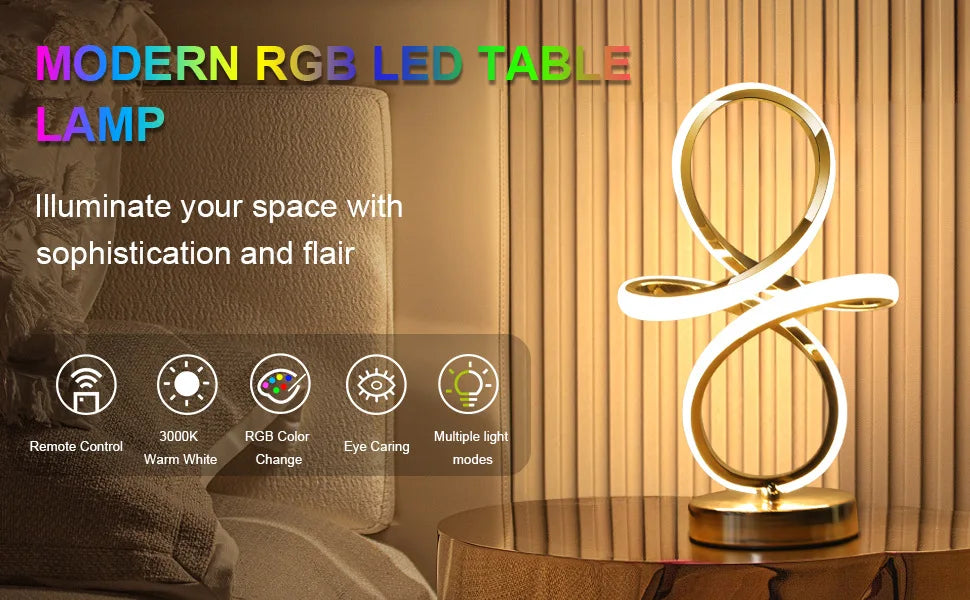 Modern LED Spiral RGB Table Lamp USB Rechargeable Desk Night Light Touch Dimmable With Remote Control For Gaming Room Decor