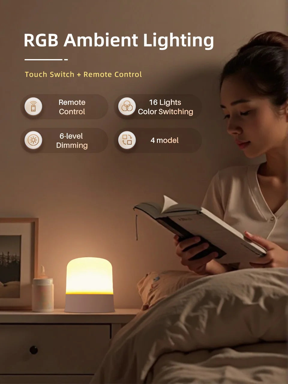 GGbingo Touch Night Light Rechargeable Remote Control Night Light RGB Dimmable Table Lamp Ambient Light for Bedroom Living Room