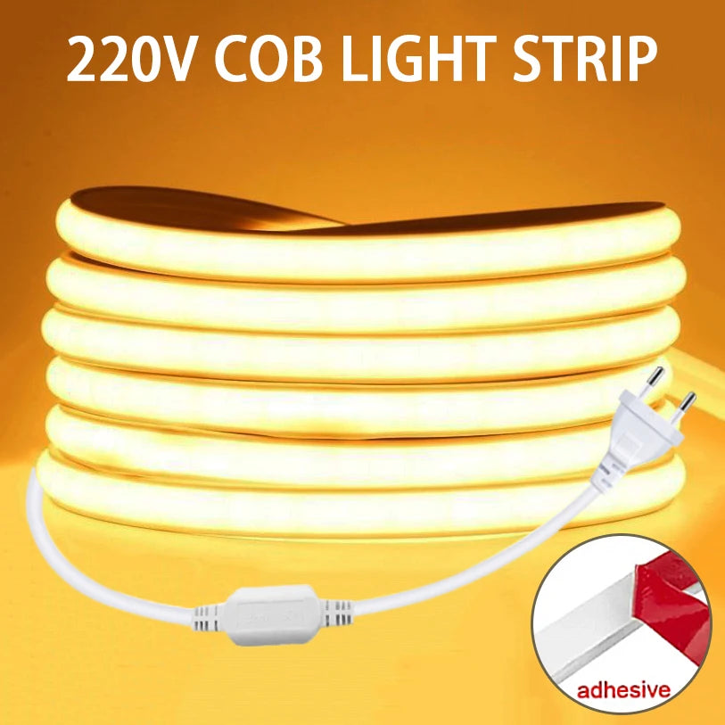220v Led Ribbon Adhesive High Brightness COB Led Strip for Room Led Strip Flexible Ribbon for Home Kitchen Lighting