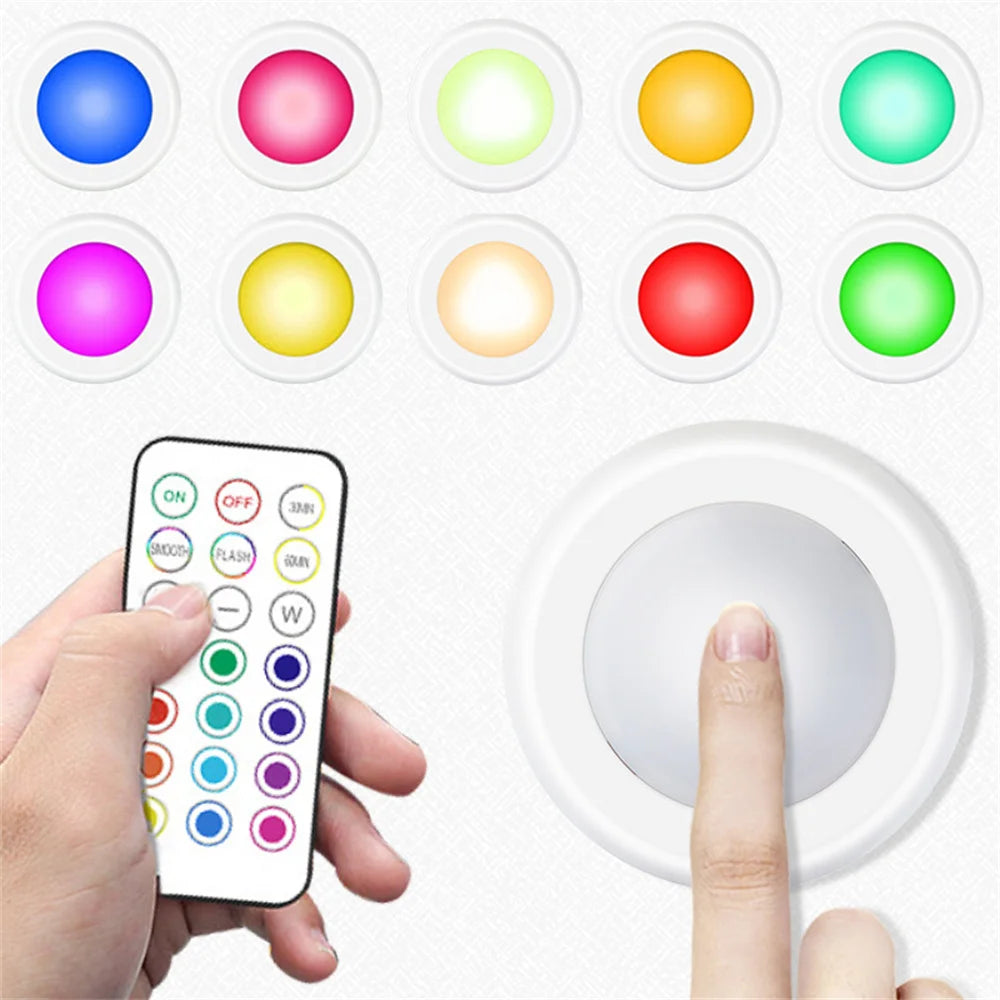 RGB LED Under Cabinet Lights with Remote Control Battery Powered Wireless Dimmable Night Lamp LED Lights for Home Wardrobe Light