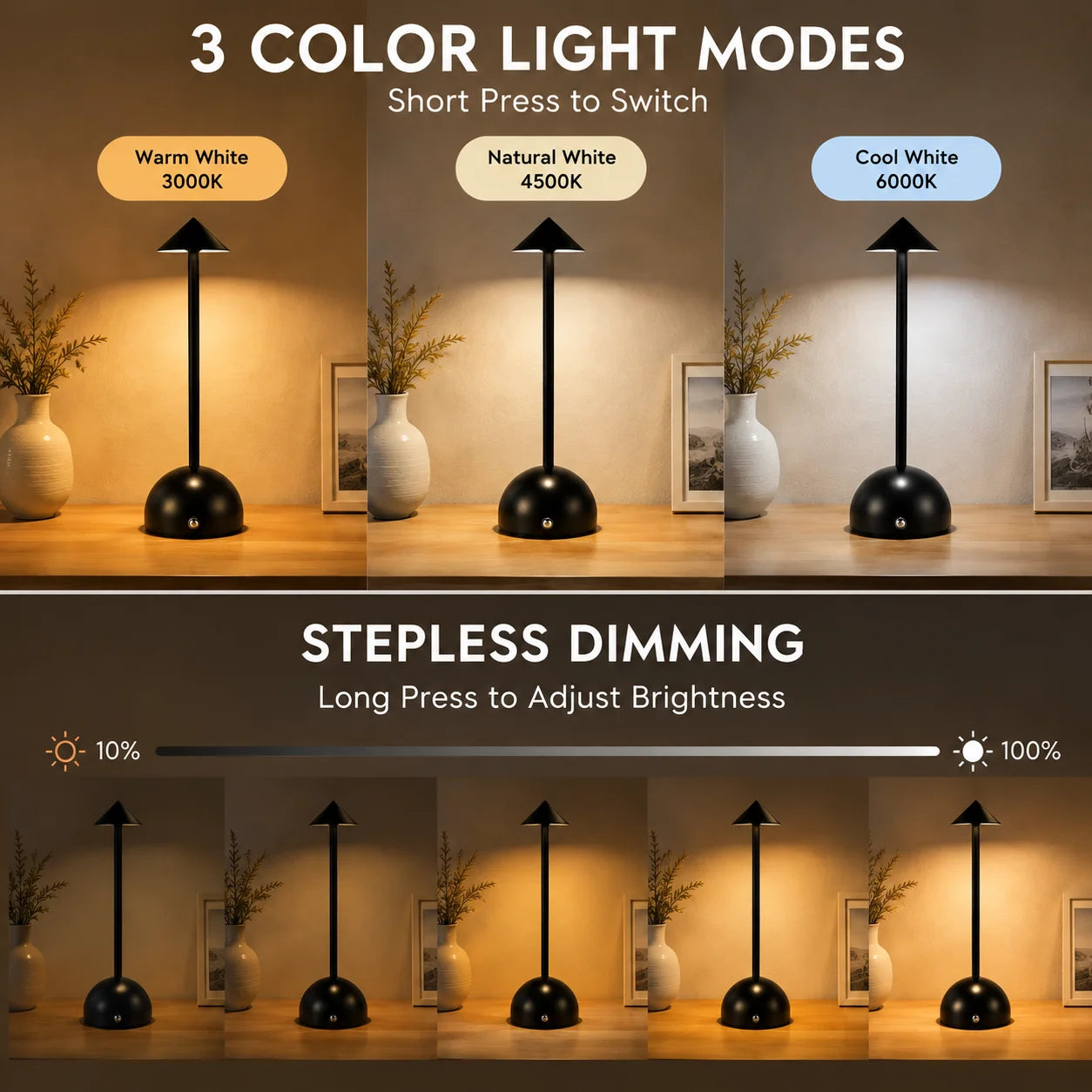 Portable Rechargeable Table Lamp LED, Wireless Touch Control , Dimmable Bedside , USB Charging Ambient Lamp for Home Cafe Bar