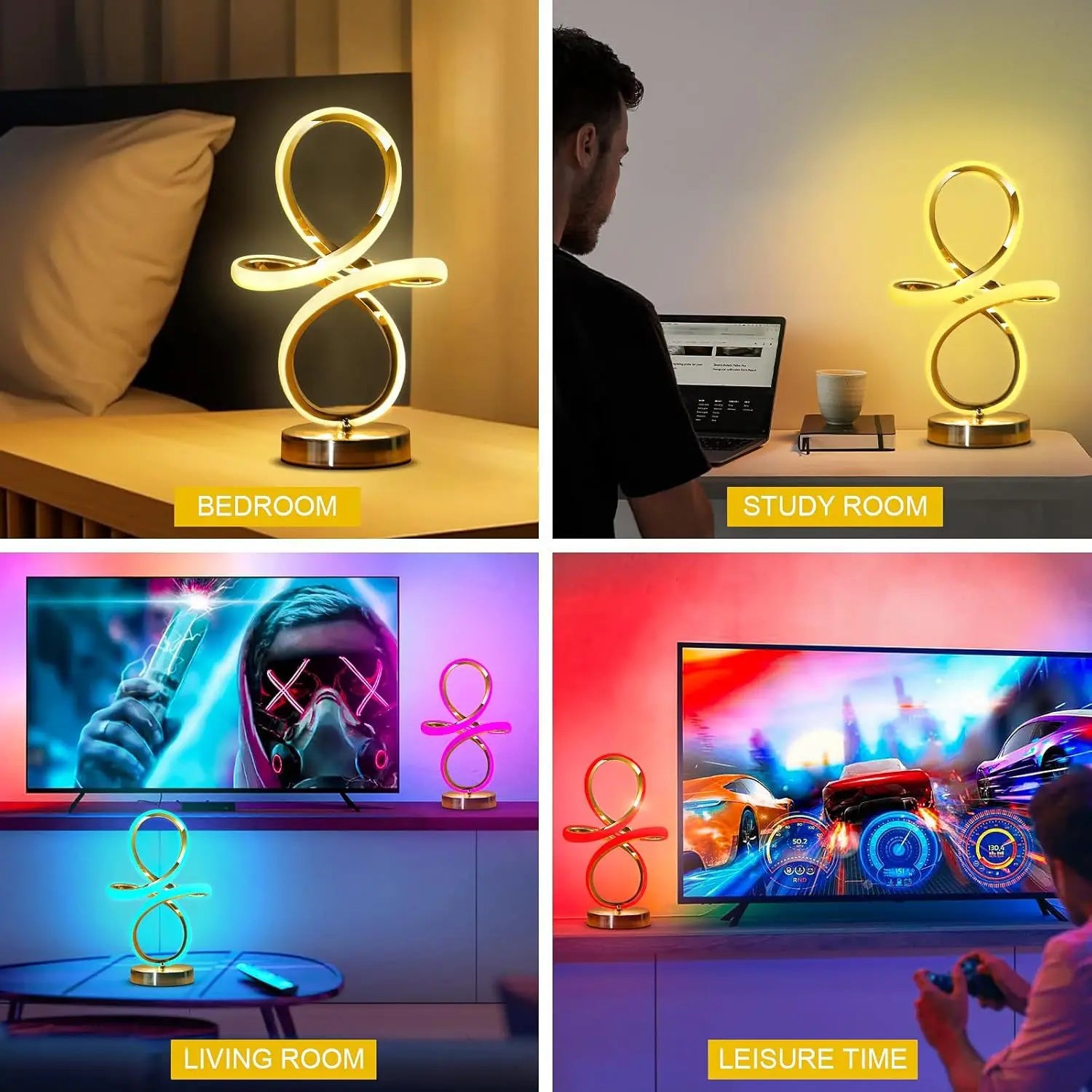 Modern LED Spiral RGB Table Lamp USB Rechargeable Desk Night Light Touch Dimmable With Remote Control For Gaming Room Decor