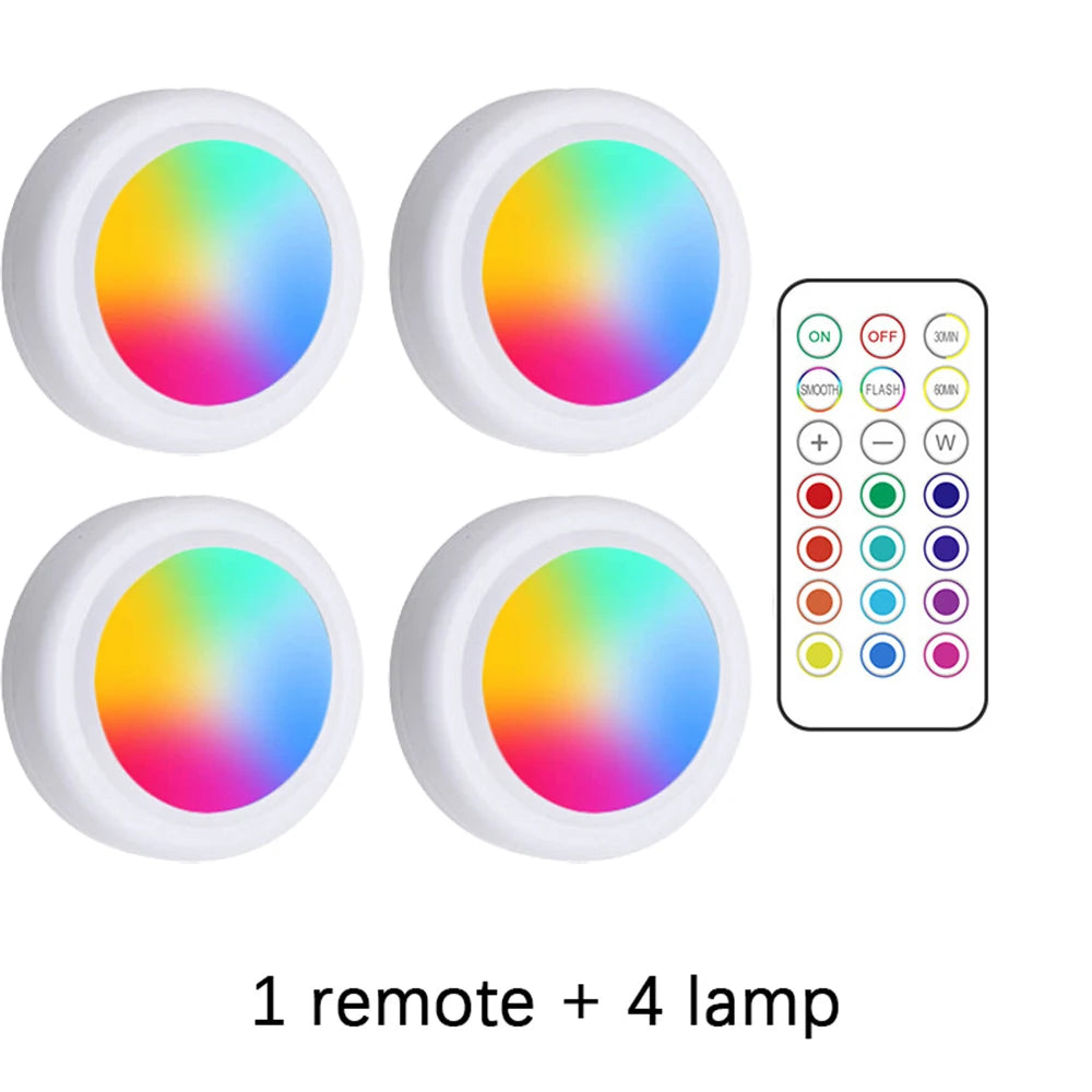 RGB LED Under Cabinet Lights with Remote Control Battery Powered Wireless Dimmable Night Lamp LED Lights for Home Wardrobe Light