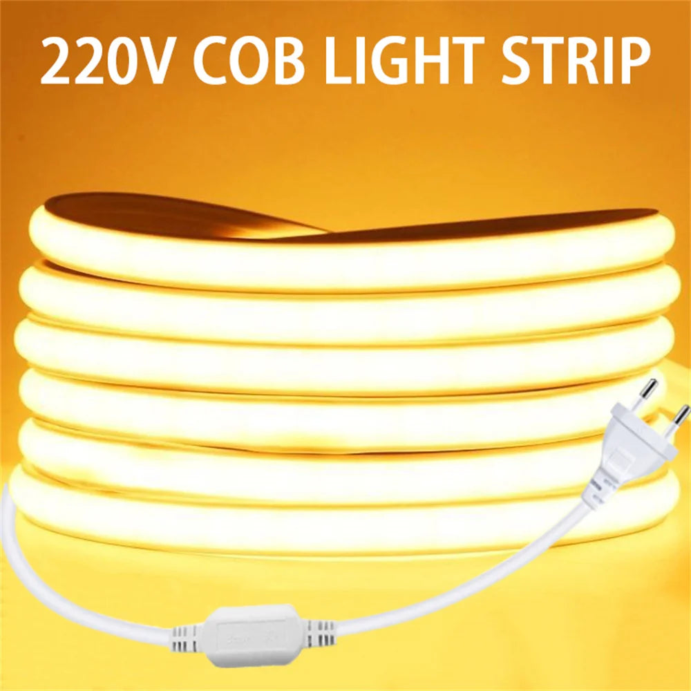 220v Led Ribbon Adhesive High Brightness COB Led Strip for Room Led Strip Flexible Ribbon for Home Kitchen Lighting