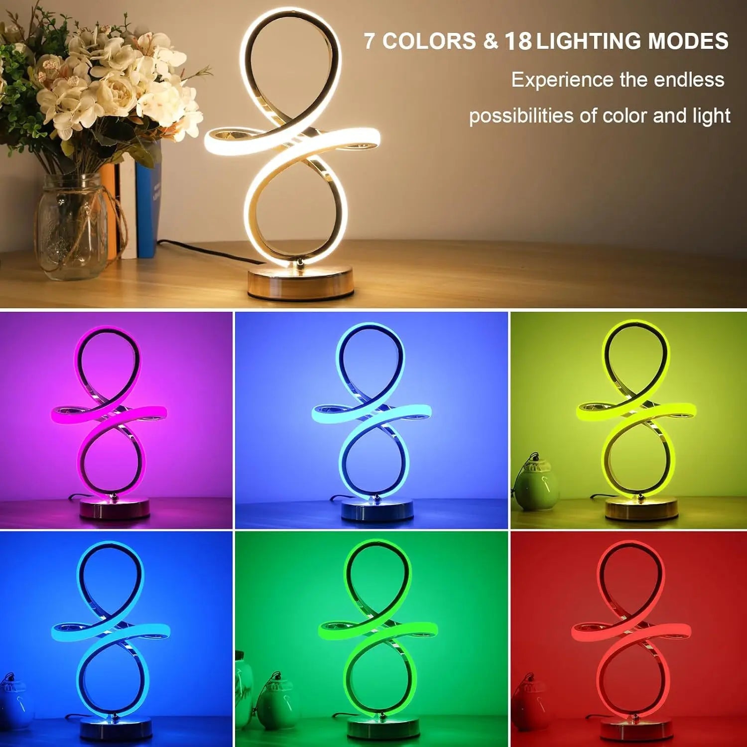 Modern LED Spiral RGB Table Lamp USB Rechargeable Desk Night Light Touch Dimmable With Remote Control For Gaming Room Decor