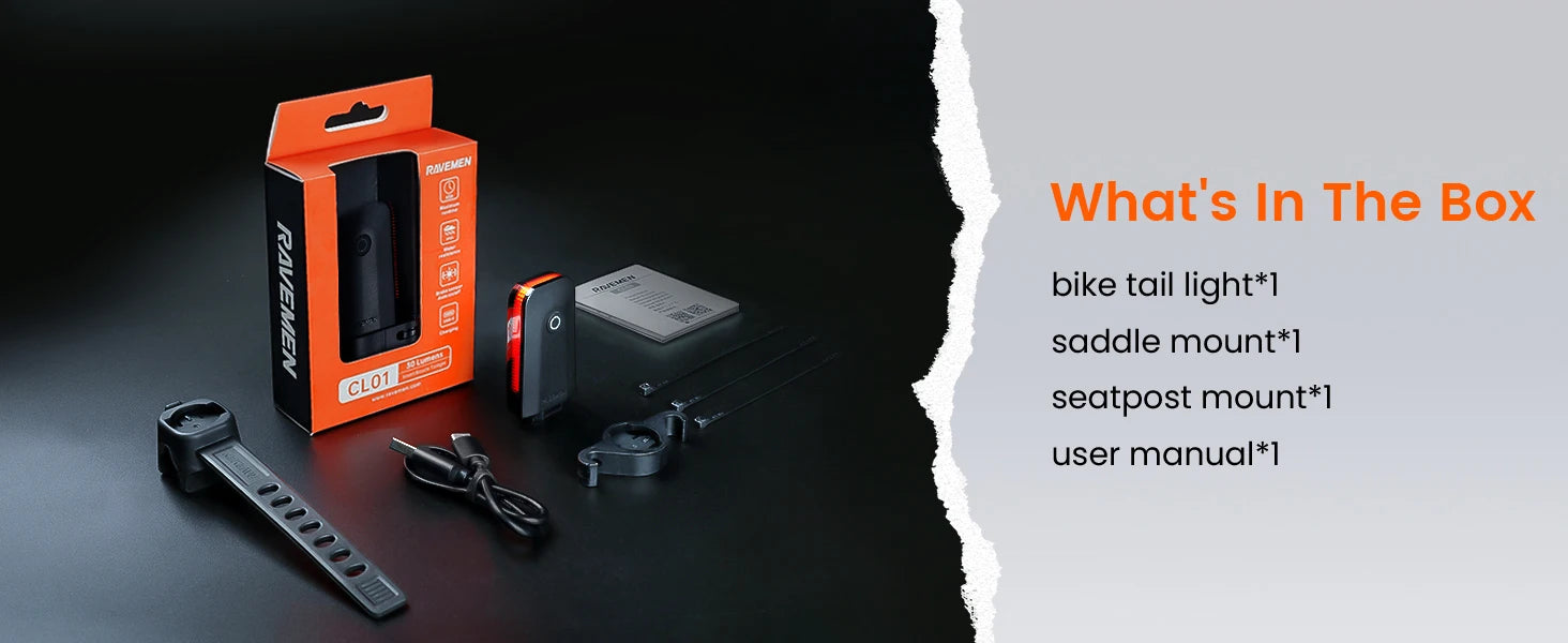 RAVEMEN CL01 Bike Light Bicycle LED Taillight Lamp USB Rechargeable Auto On-off Brake Sensor Streamlined Design Side Visibility