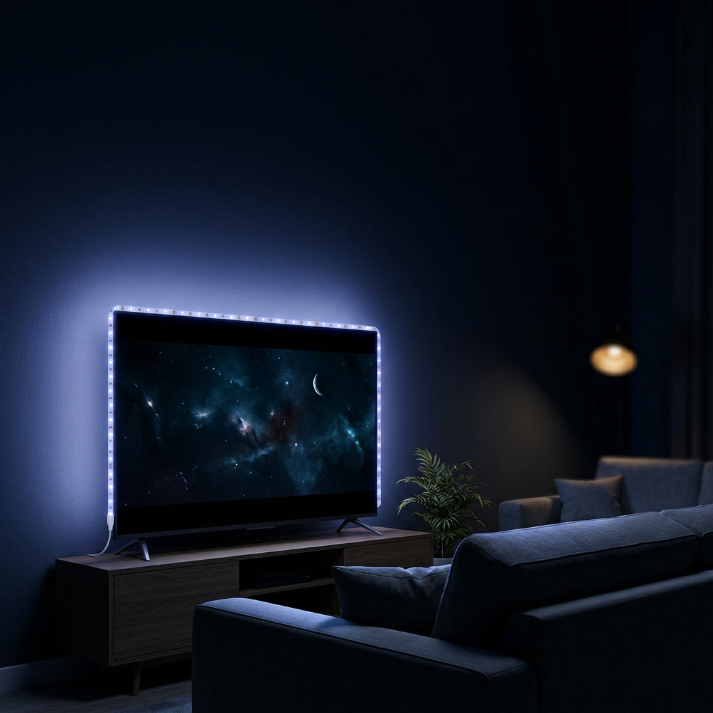 TV glowing with colourful LED backlight in a cosy living room