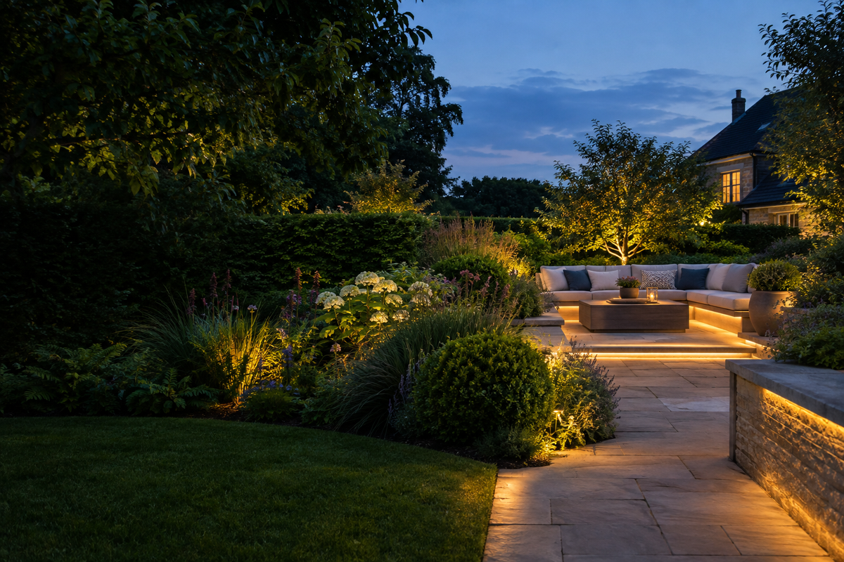 Jardim britânico ao entardecer com iluminação indireta elegante